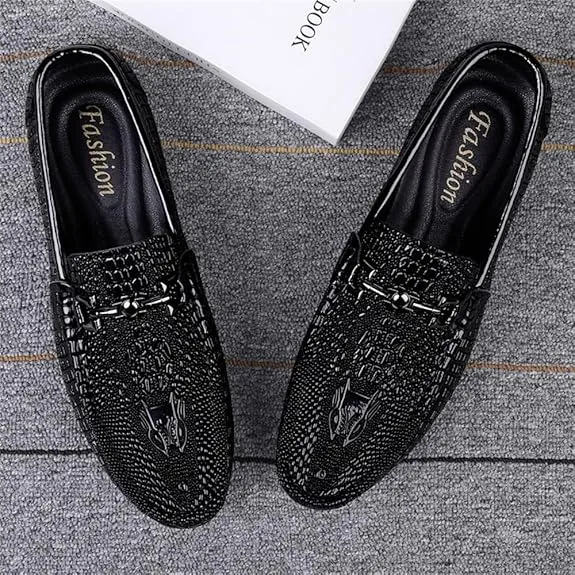 Snake Embossed Leather Loafers – Slip-On Glossy Cowhide Driving Shoes