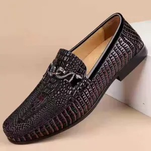 Snake Embossed Leather Loafers – Slip-On Glossy Cowhide Driving Shoes