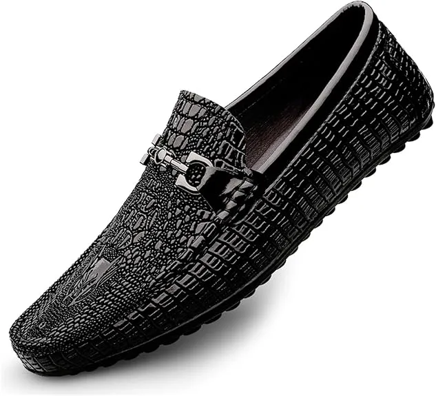 Snake Embossed Leather Loafers – Slip-On Glossy Cowhide Driving Shoes