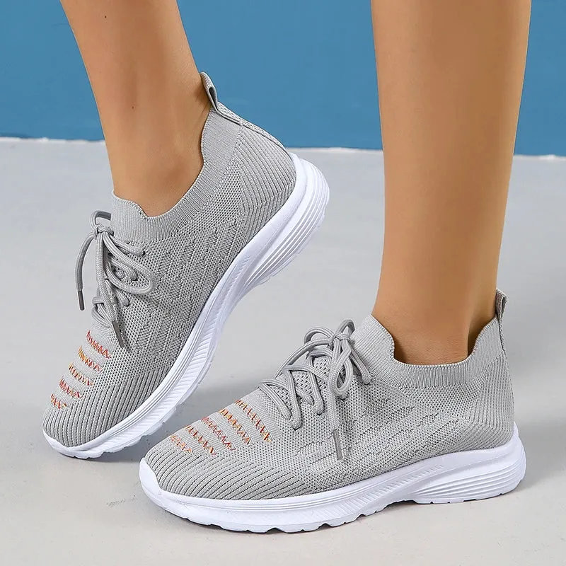 Sohiwoo Casual Breathable Sneaker Shoes for Women New Lace-Up Non-Slip Loafers Shoes Woman Stretch Knitted Platform Sports Shoes