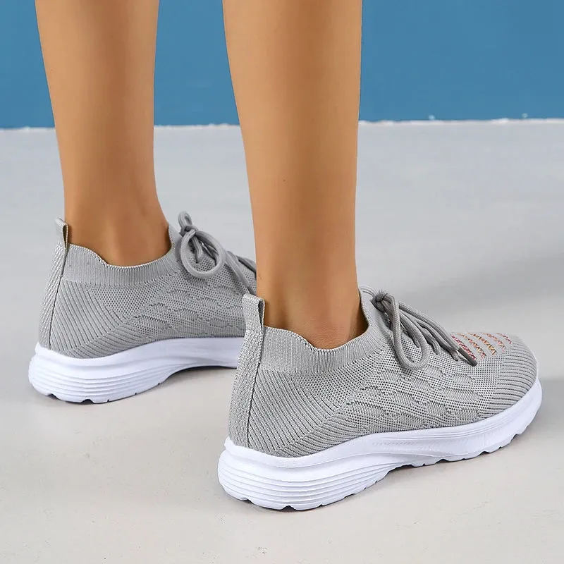 Sohiwoo Casual Breathable Sneaker Shoes for Women New Lace-Up Non-Slip Loafers Shoes Woman Stretch Knitted Platform Sports Shoes