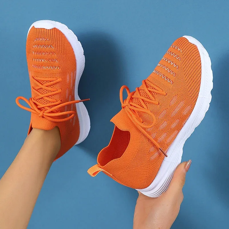 Sohiwoo Casual Breathable Sneaker Shoes for Women New Lace-Up Non-Slip Loafers Shoes Woman Stretch Knitted Platform Sports Shoes