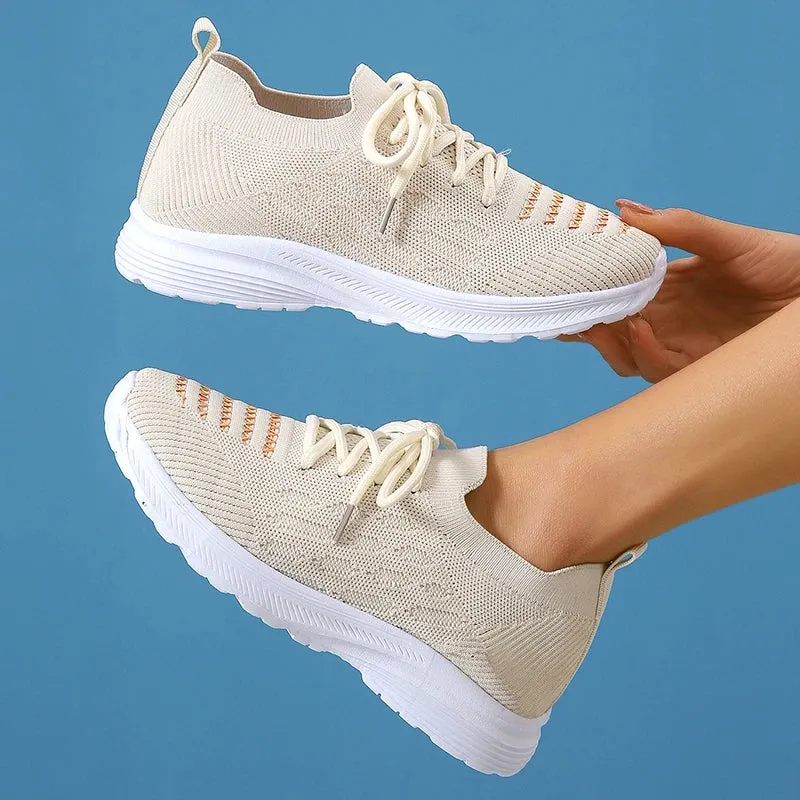 Sohiwoo Casual Breathable Sneaker Shoes for Women New Lace-Up Non-Slip Loafers Shoes Woman Stretch Knitted Platform Sports Shoes