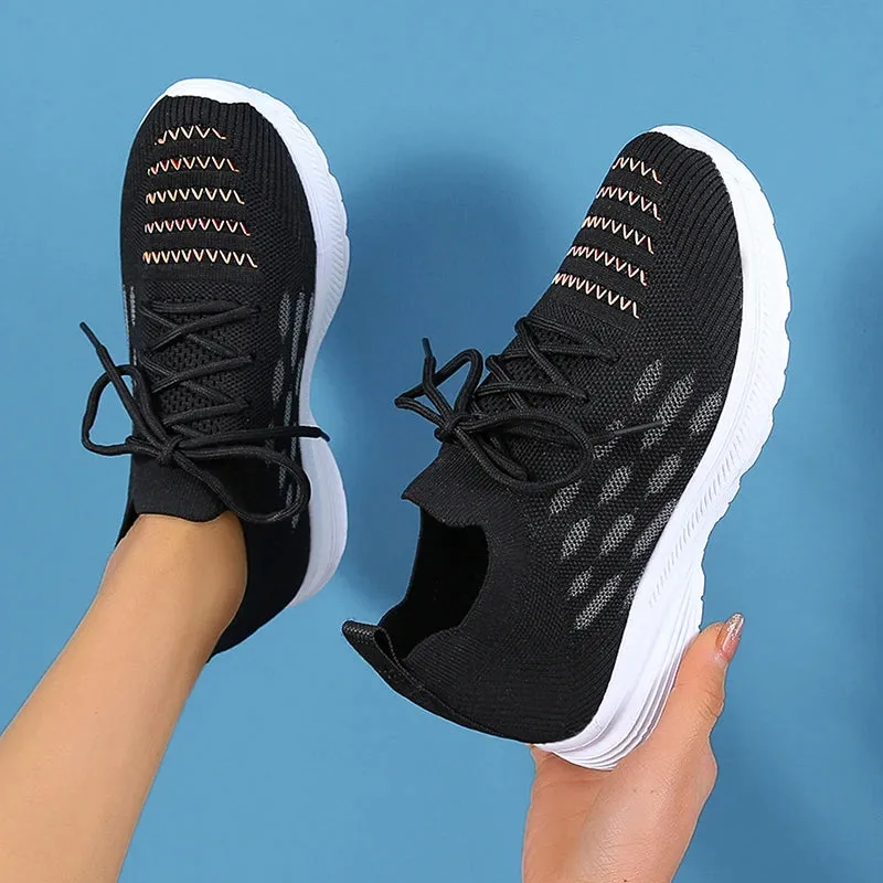 Sohiwoo Casual Breathable Sneaker Shoes for Women New Lace-Up Non-Slip Loafers Shoes Woman Stretch Knitted Platform Sports Shoes