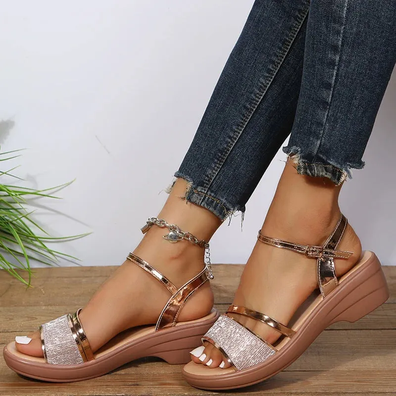 Sohiwoo Gold Silver Platform Sandals Women Summer Thick Heeled Wedges Sandals Woman Plus Size 43 Ankle Strap Gladiator Sandalias