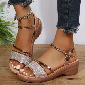 Sohiwoo Gold Silver Platform Sandals Women Summer Thick Heeled Wedges Sandals Woman Plus Size 43 Ankle Strap Gladiator Sandalias
