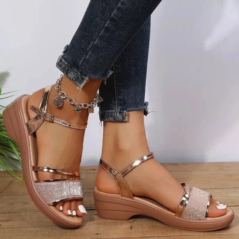 Sohiwoo Gold Silver Platform Sandals Women Summer Thick Heeled Wedges Sandals Woman Plus Size 43 Ankle Strap Gladiator Sandalias