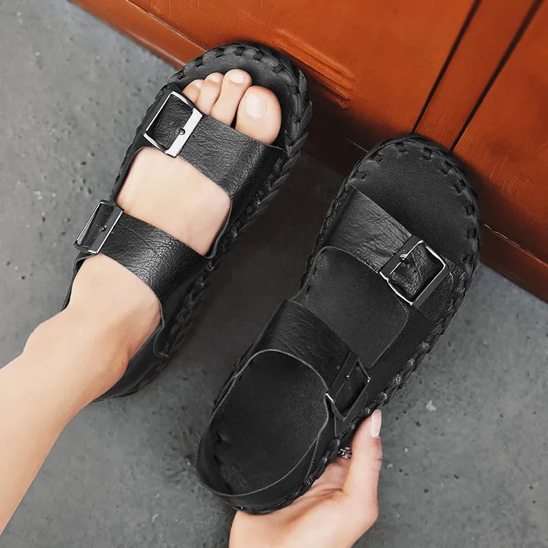 Sohiwoo  Summer New Men's Sandals Outdoor Genuine Leather Driving Soft Sole Sports Beach Shoes Casual Non slip External Wear Sandals