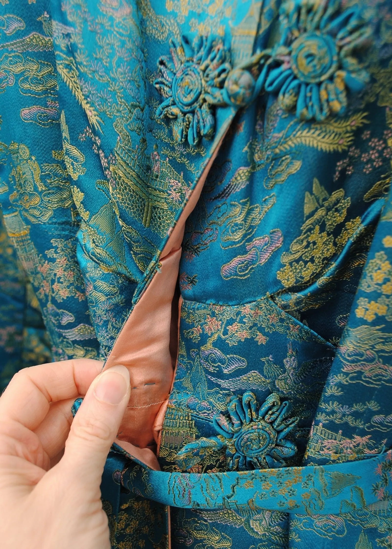 Stunning Vintage 40s Turquoise Brocade Housecoat with Slippers
