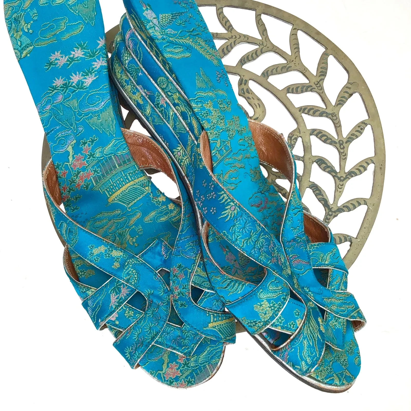 Stunning Vintage 40s Turquoise Brocade Housecoat with Slippers