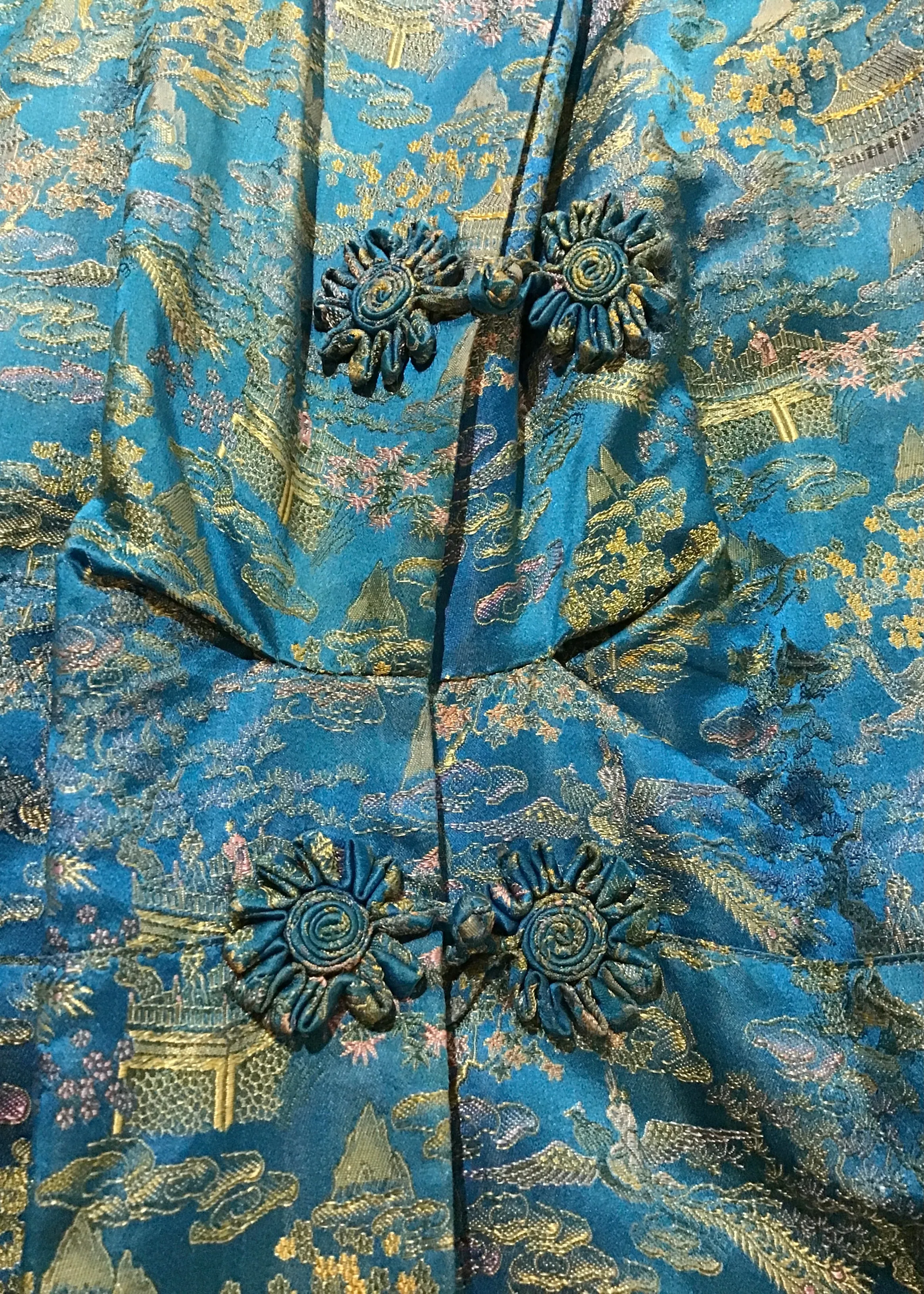 Stunning Vintage 40s Turquoise Brocade Housecoat with Slippers