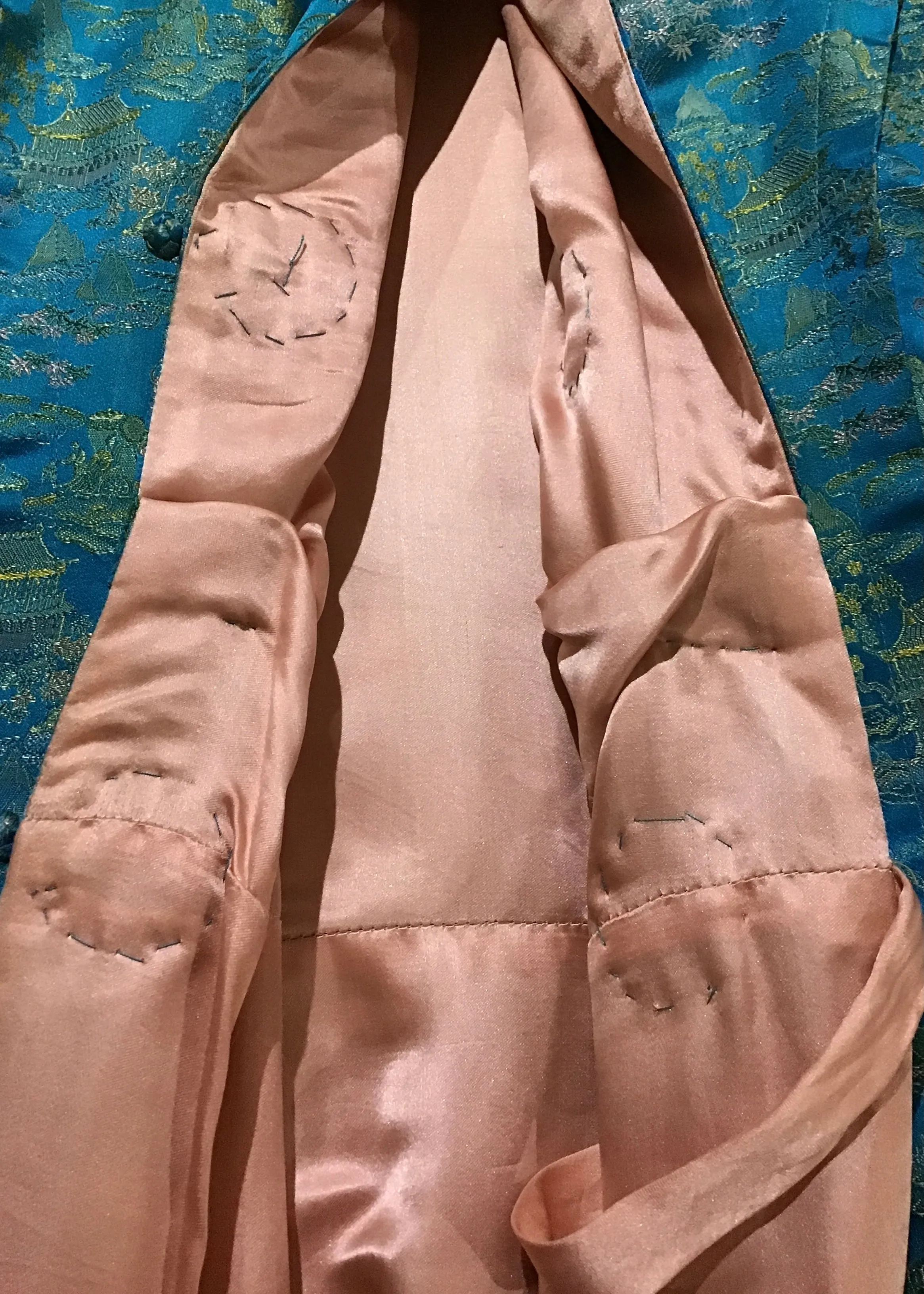 Stunning Vintage 40s Turquoise Brocade Housecoat with Slippers