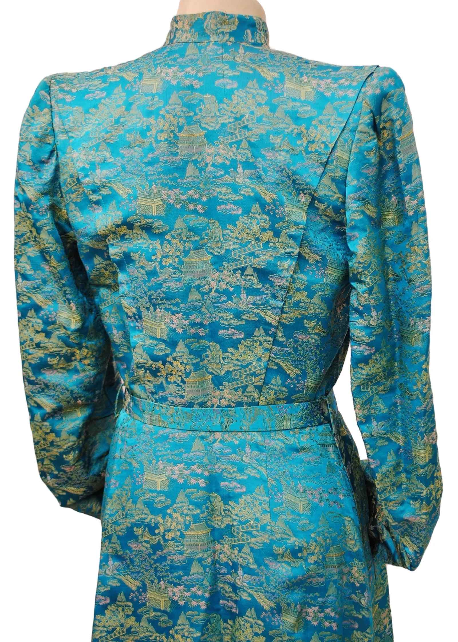 Stunning Vintage 40s Turquoise Brocade Housecoat with Slippers