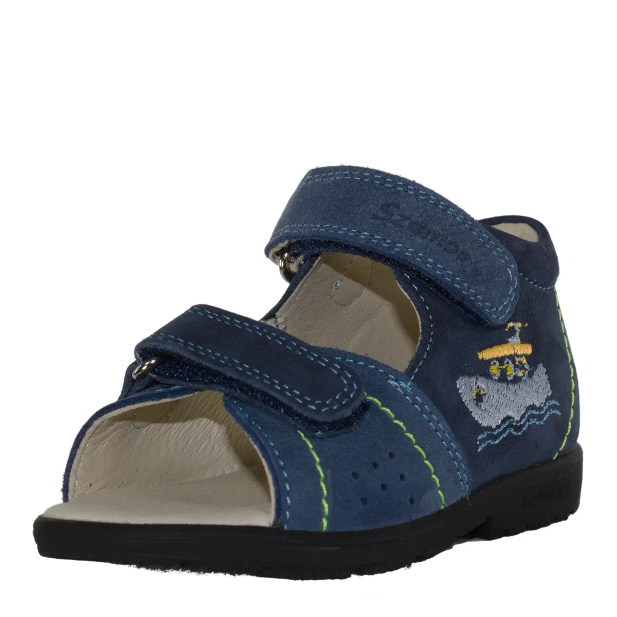 Szamos kid boy supinated sandals in blue color and sailboat pattern with double velcro strap toddler size