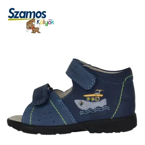 Szamos kid boy supinated sandals in blue color and sailboat pattern with double velcro strap toddler size