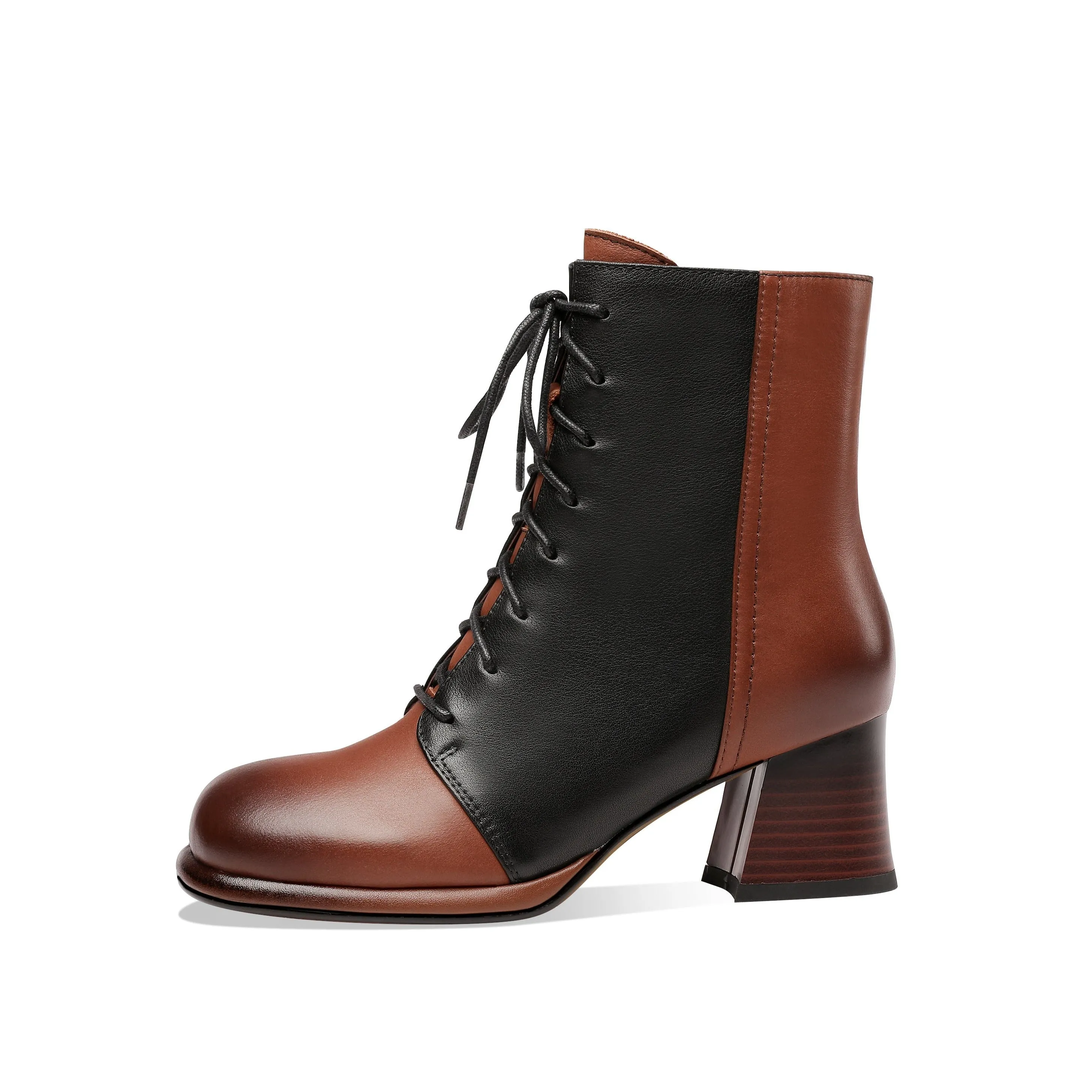TinaCus Women's Genuine Leather Assort Colors Round Toe Handmade Laces Side Zipper Retro Booties with Chunky Heels