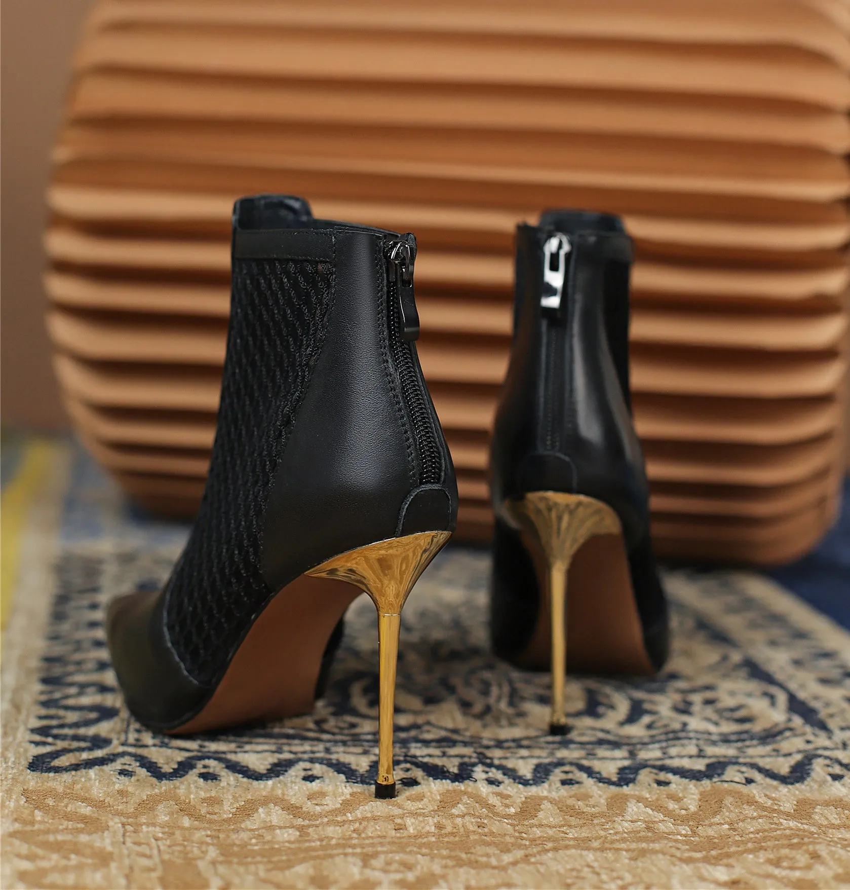 TinaCus Women's Genuine Leather Handmade Mesh Pointed Toe Stiletto Heel Back Zipper Chic Ankle Boots