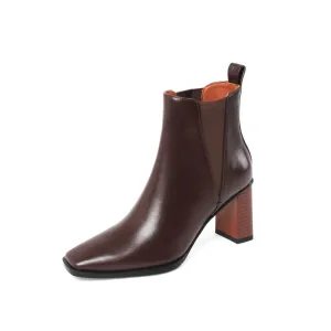 TinaCus Women's Genuine Leather Square Toe Handmade Block Heel Elastic Slip On Vintage Ankle Boots
