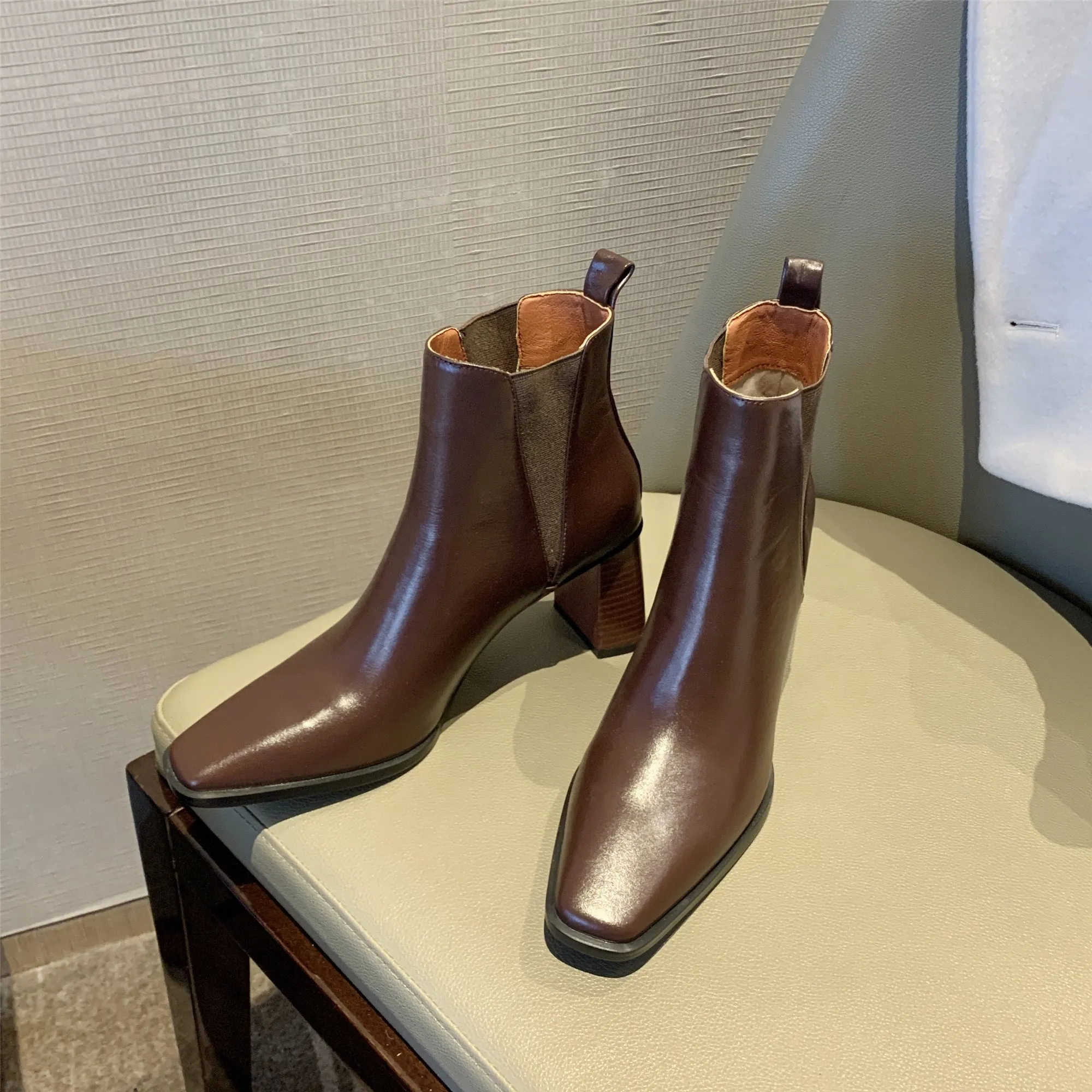TinaCus Women's Genuine Leather Square Toe Handmade Block Heel Elastic Slip On Vintage Ankle Boots
