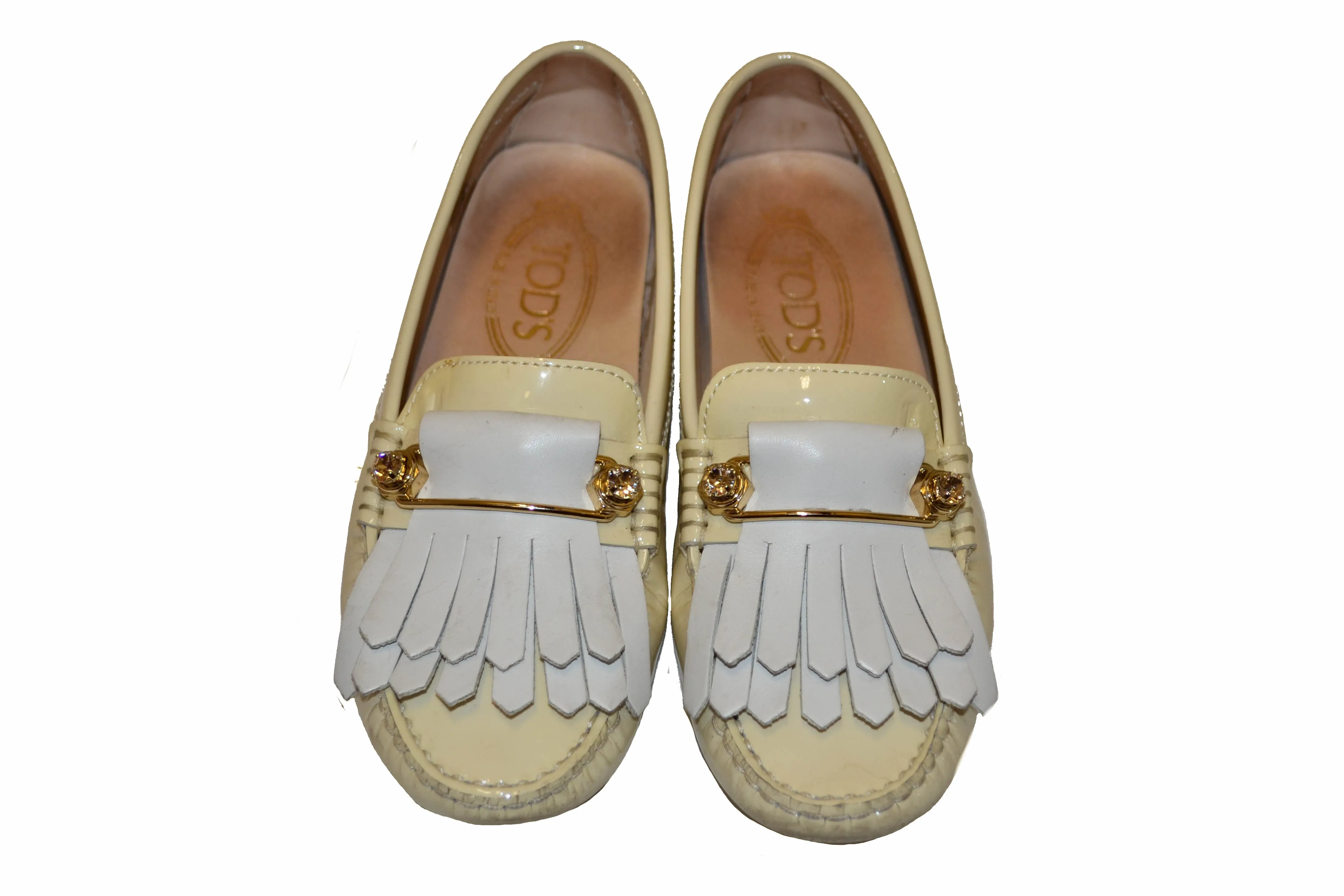 Tod's Beige Gommino Pin Patent Leather Driving Shoes Size 35