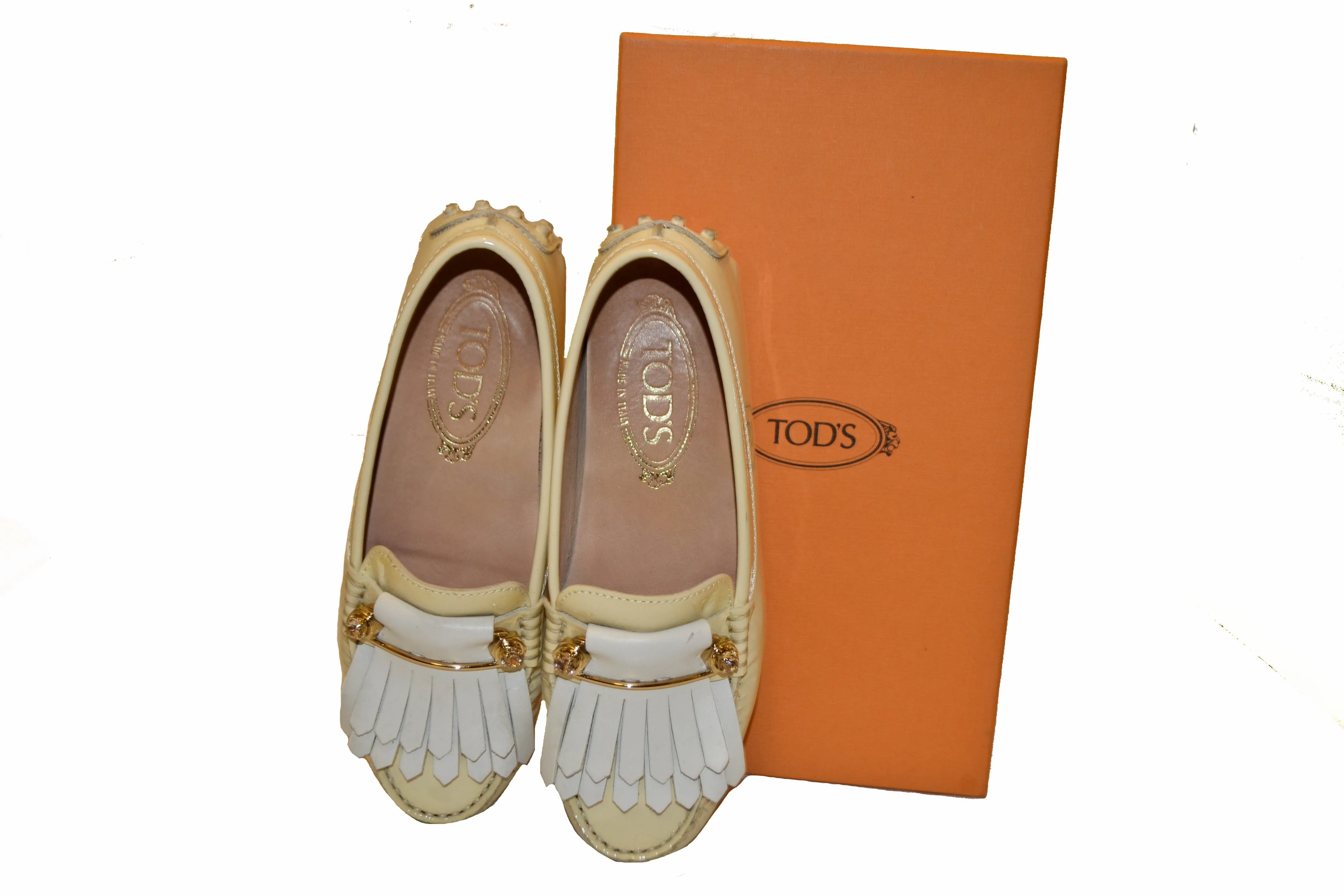 Tod's Beige Gommino Pin Patent Leather Driving Shoes Size 35