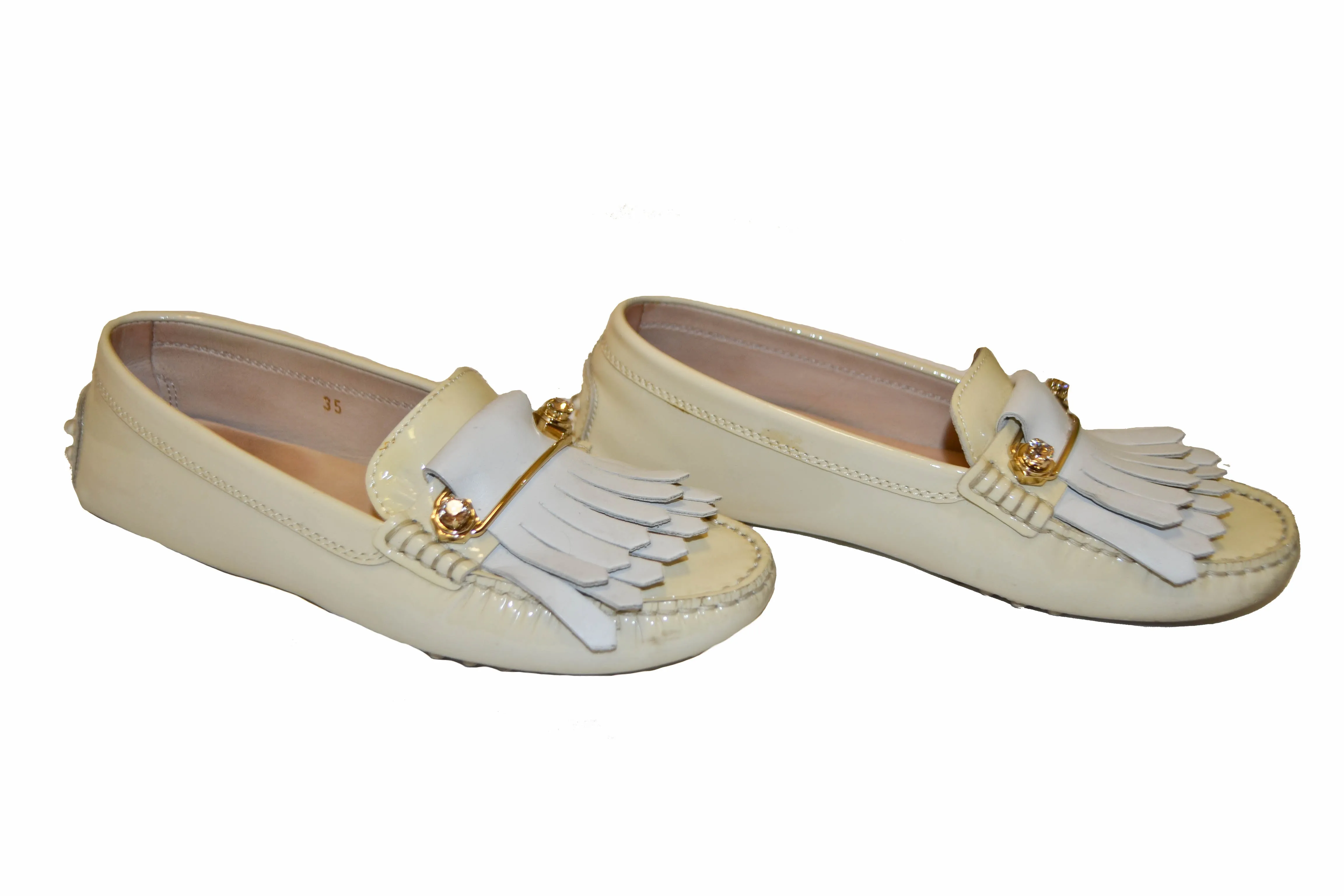 Tod's Beige Gommino Pin Patent Leather Driving Shoes Size 35
