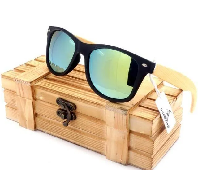 Unisex Bamboo Legs Polarized Lens Sun Glasses with Wood Gift Boxes
