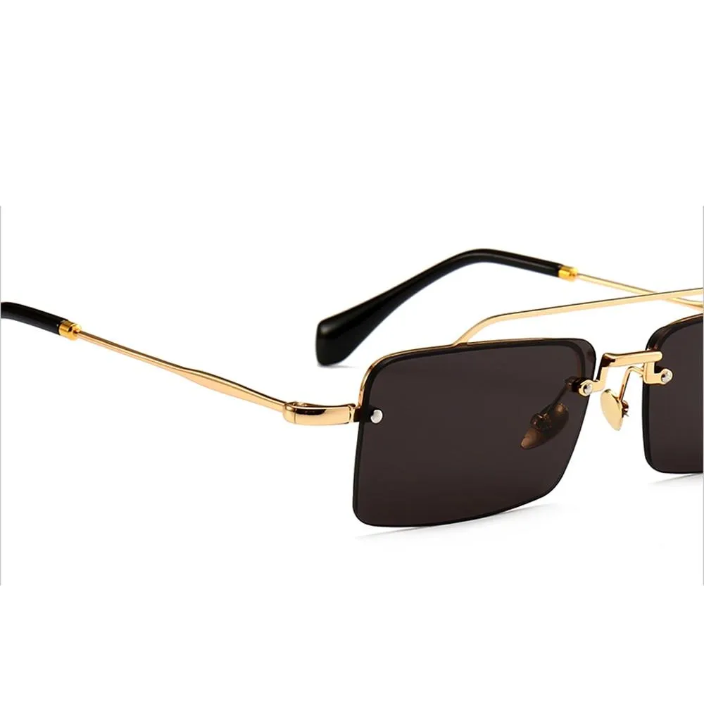 Unisex Gold Brown Red Retro Semi-Rimless Rectangle Metal Frame Sunglasses