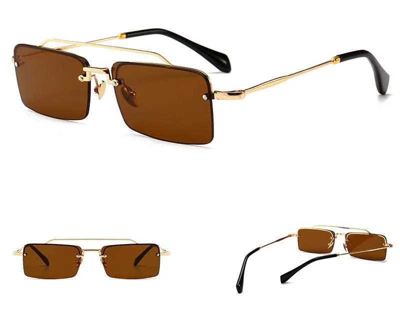 Unisex Gold Brown Red Retro Semi-Rimless Rectangle Metal Frame Sunglasses