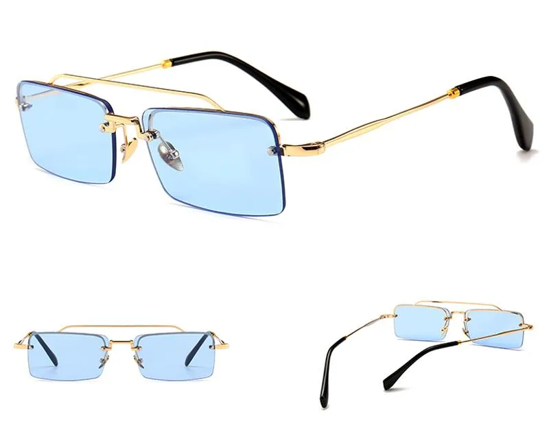 Unisex Gold Brown Red Retro Semi-Rimless Rectangle Metal Frame Sunglasses