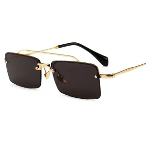 Unisex Gold Brown Red Retro Semi-Rimless Rectangle Metal Frame Sunglasses