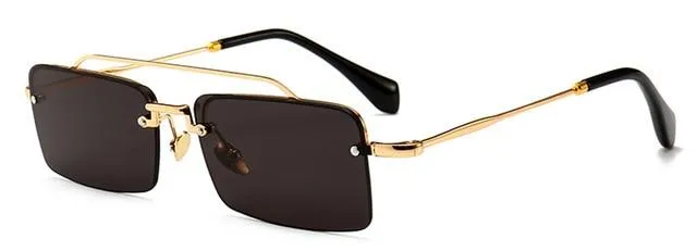 Unisex Gold Brown Red Retro Semi-Rimless Rectangle Metal Frame Sunglasses