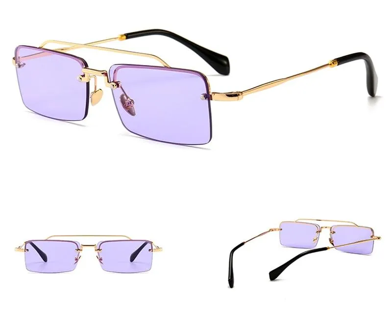 Unisex Gold Brown Red Retro Semi-Rimless Rectangle Metal Frame Sunglasses
