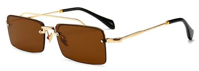 Unisex Gold Brown Red Retro Semi-Rimless Rectangle Metal Frame Sunglasses
