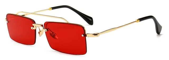 Unisex Gold Brown Red Retro Semi-Rimless Rectangle Metal Frame Sunglasses