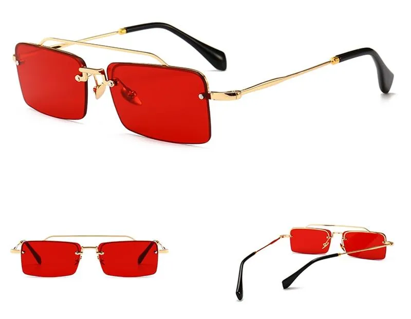 Unisex Gold Brown Red Retro Semi-Rimless Rectangle Metal Frame Sunglasses