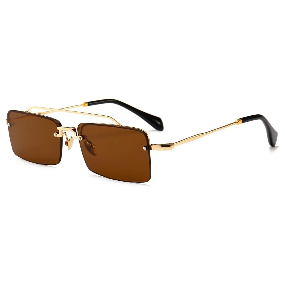 Unisex Gold Brown Red Retro Semi-Rimless Rectangle Metal Frame Sunglasses