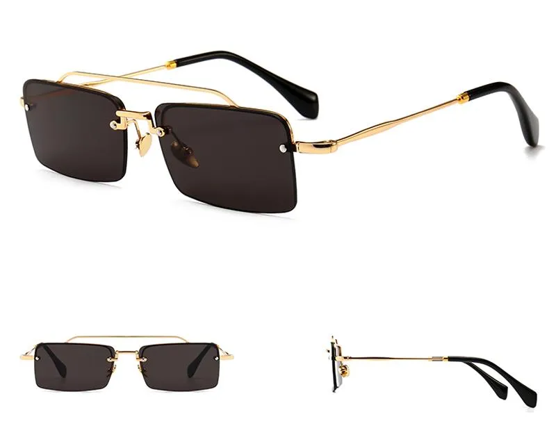 Unisex Gold Brown Red Retro Semi-Rimless Rectangle Metal Frame Sunglasses