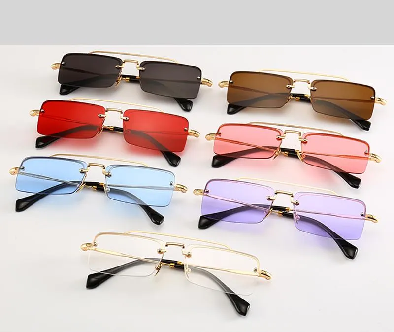 Unisex Gold Brown Red Retro Semi-Rimless Rectangle Metal Frame Sunglasses