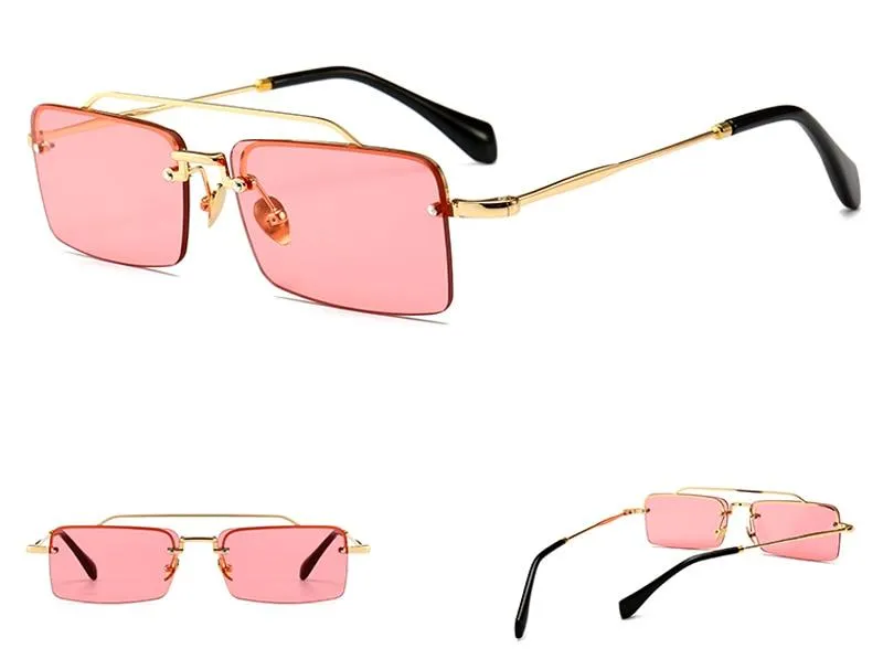 Unisex Gold Brown Red Retro Semi-Rimless Rectangle Metal Frame Sunglasses