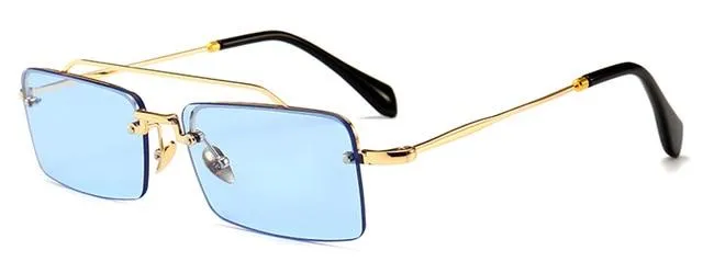 Unisex Gold Brown Red Retro Semi-Rimless Rectangle Metal Frame Sunglasses