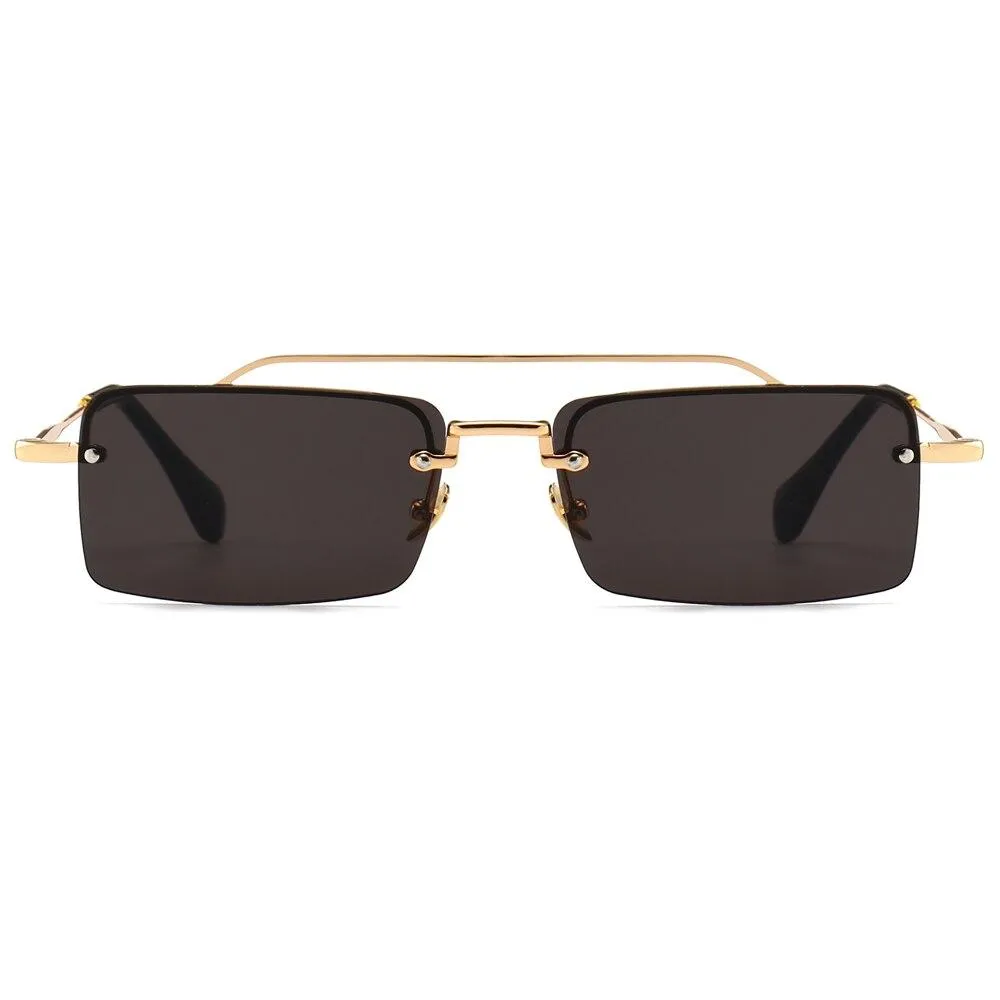 Unisex Gold Brown Red Retro Semi-Rimless Rectangle Metal Frame Sunglasses