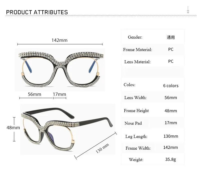 Unisex Luxury Oversized Rhinestone Bling Transparent Sunglasses