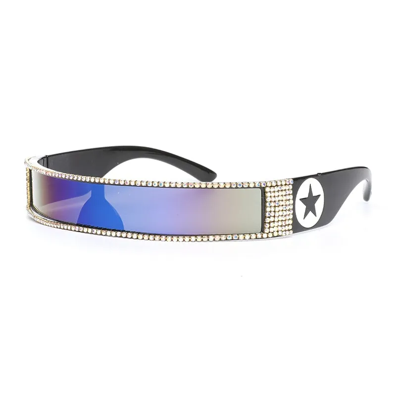 Unisex UV400 One Piece Steampunk Mirror Diamond Crystal Sunglasses