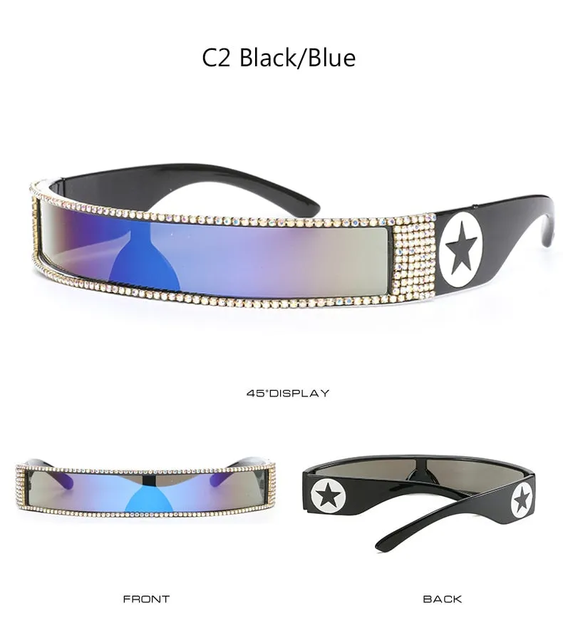 Unisex UV400 One Piece Steampunk Mirror Diamond Crystal Sunglasses