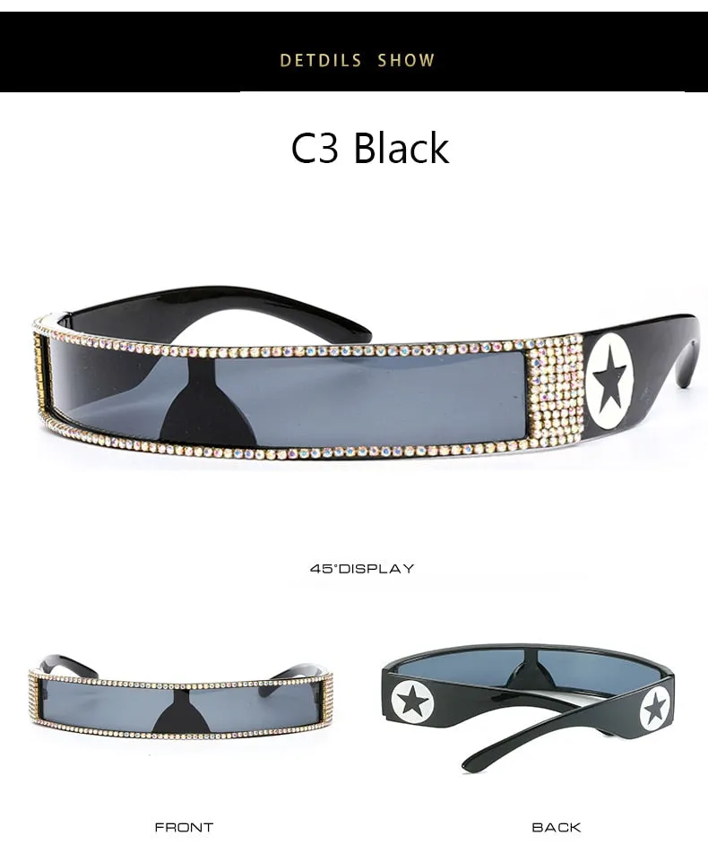 Unisex UV400 One Piece Steampunk Mirror Diamond Crystal Sunglasses