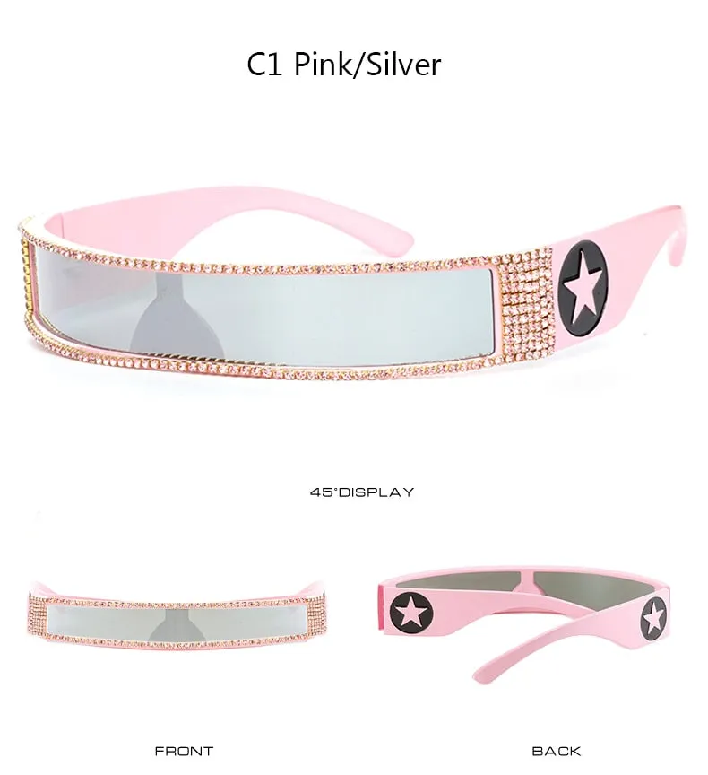 Unisex UV400 One Piece Steampunk Mirror Diamond Crystal Sunglasses