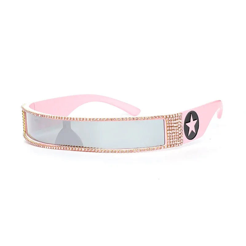 Unisex UV400 One Piece Steampunk Mirror Diamond Crystal Sunglasses
