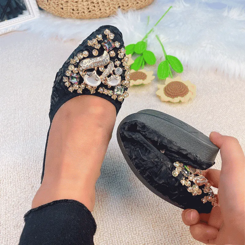 vanccy Rhinestone Flats Casual Comfort Dressy Flats For Wedding Fox Slippers CF301