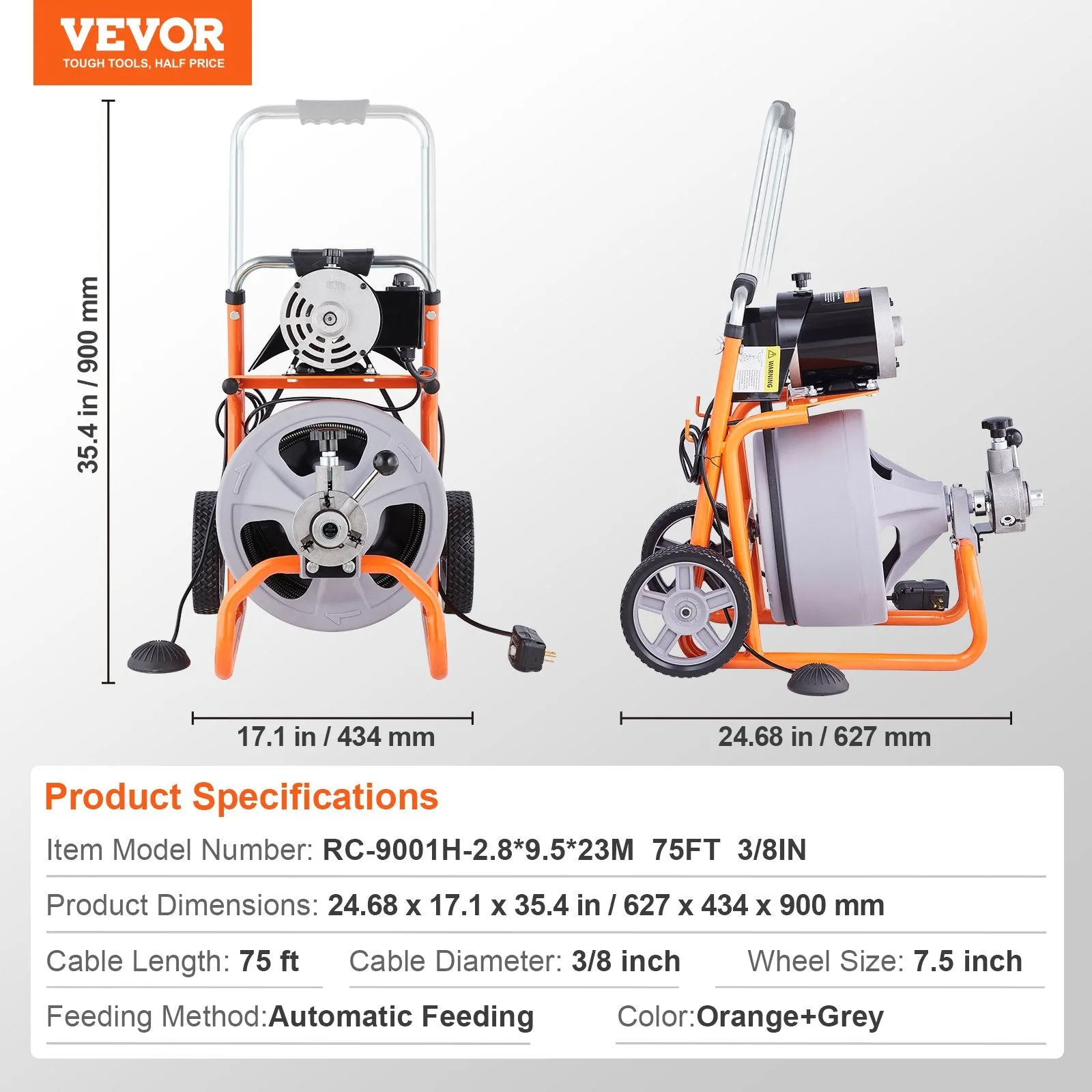 Vevor Drain Cleaner Machine 75' x 3/8" Sewer Snake Auto Feed Drain Auger with Wheels and 8 Cutters New